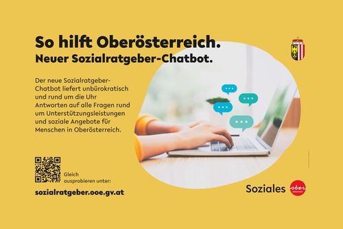 Werbeplakat: jemand tippt auf einem Laptop und grafische Sprechblasen steigen auf