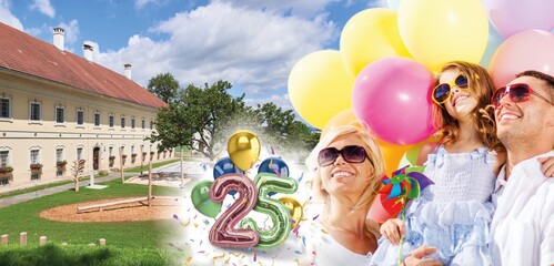 Fotomontage: Sumerauerhof St. Florian im Hintergrund, im Vordergrund dreiköpfige Familie mit Luftballons, mittig Luftballons mit der Zahl 25
