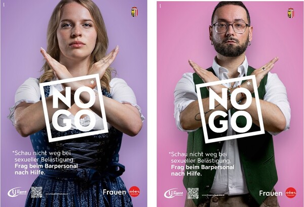 Eine Frau und ein Mann in Tracht und mit entschlossenem Gesichtsausdruck, beide halten die Arme vor der Brust gekreuzt, plakative Beschriftung no go