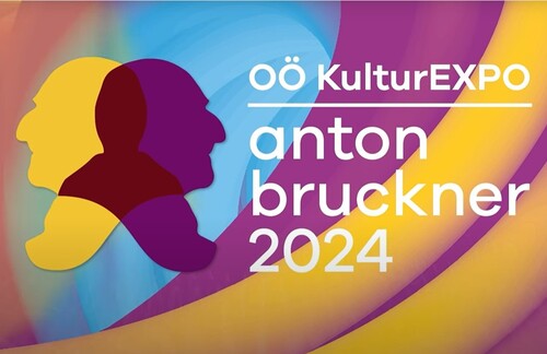 Illustration von Anton Bruckner im Profil, Beschriftung OÖ KulturEXPO, Anton Bruckner 2024