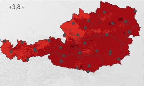 Grafik, Karte von Österreich, die die Hitze bzw. Erwärmung darstellt, Beschriftung: +3,8 Grad Celsius