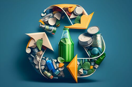 Recycling-Logo, das aus verschiedenen wiederverwertbaren Gegenständen besteht, mittig eine Plastikflasche