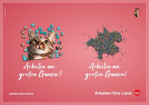 Eines der Sujets zur Kampagne: Puzzleteile, die einen Katzenkopf ergeben und Illustration des Bundeslandes Oberösterreich, zusammengesetzt aus vielen Menschen