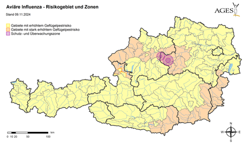 Gebiete mit erhöhtem und stark erhöhtem Risiko und derzeit aufrechte Sperrzonen