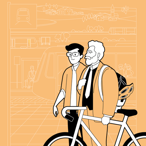 Illustration zweiter Männer mit Fahrrad am Bahnsteig